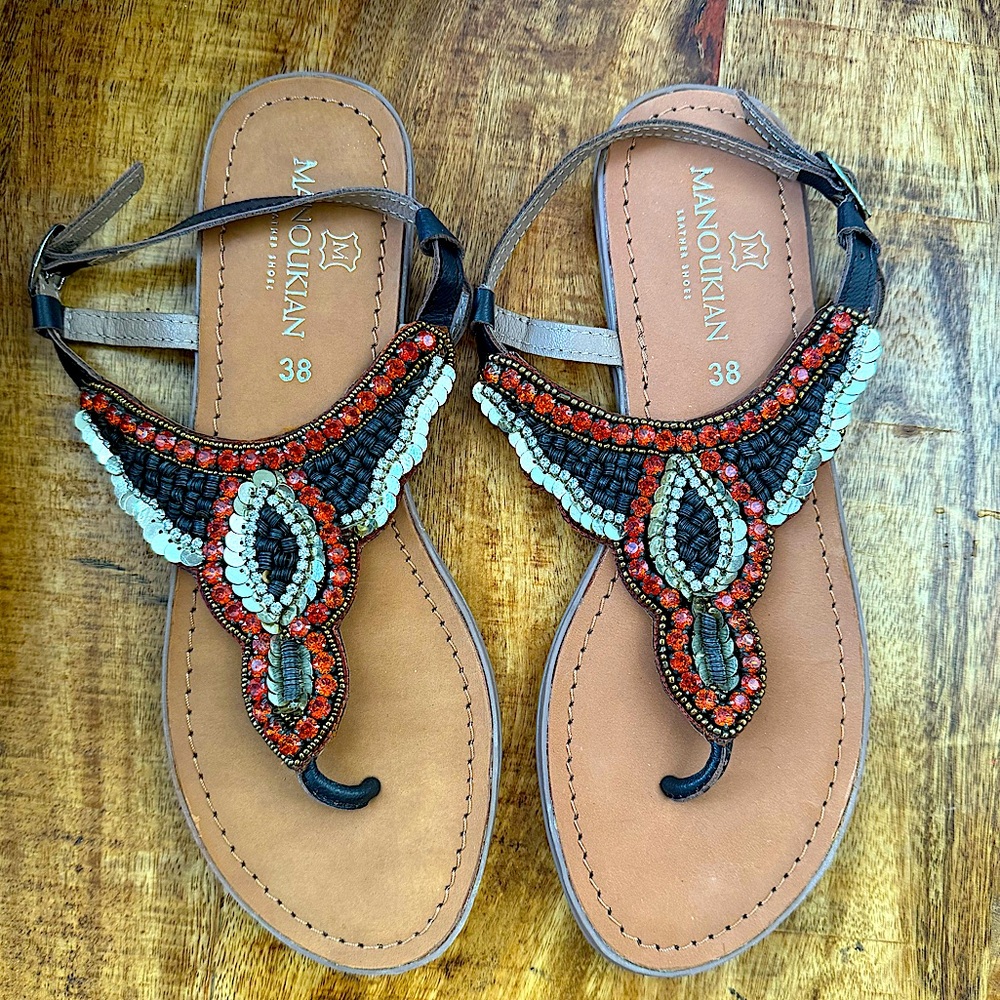 Manoukian Leather, Never Worn, Sandals from San Sebastián Spain. Orange Sequins
